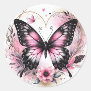 Elegant Pink and Black Butterfly with Heart Art Classic Round Sticker