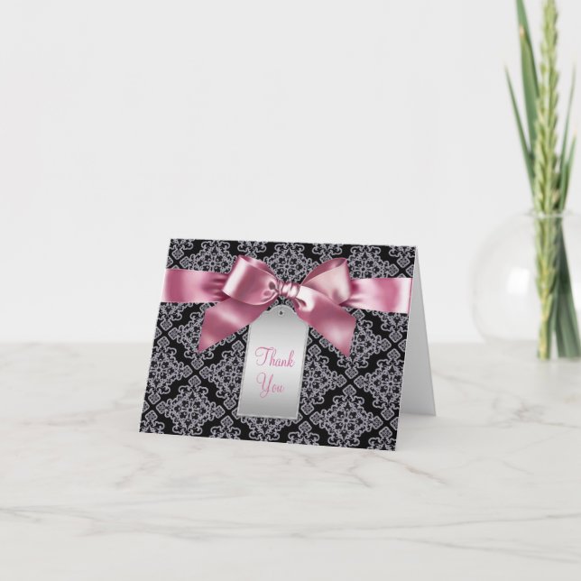 Elegant Pink and Black Damask Thank You Cards (Front)