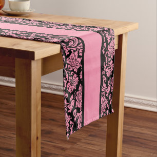 Elegant Pink And Black Damasks & Stripes Short Table Runner