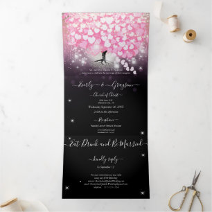Elegant  Pink and Black Heart Leaf Wedding Tri-Fold Invitation