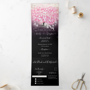 Elegant  Pink and Black Heart Leaf Wedding Tri-Fold Invitation