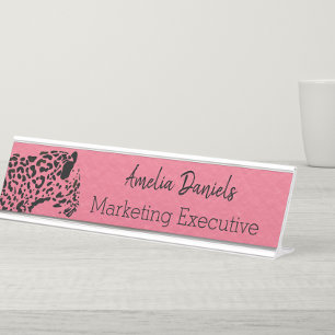 Elegant Pink and Black Jaguar  Desk Name Plate