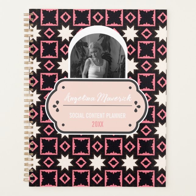 Elegant Pink and Black Pattern with Photo Social  Planner (Front)
