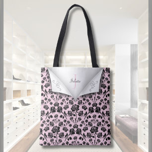 Elegant Pink and Black Rose Monogram Name Tote