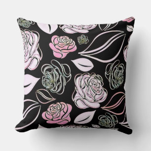 Elegant Pink and Black Roses and Leaves  Cushion