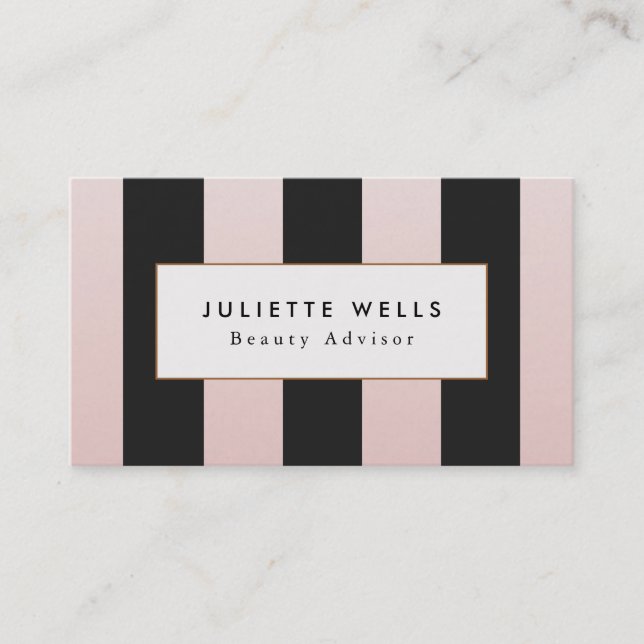 Elegant Pink and Black Striped Beauty Salon Business Card (Front)