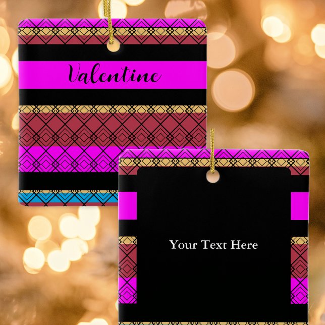 Elegant Pink and Black Striped Valentine's Day Ceramic Ornament (A personalized ornament for Valentine's Day, with stripe pattern, rich colors and lace effect)