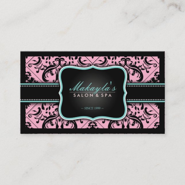 Elegant Pink and Black Vintage Damask Business Card (Front)
