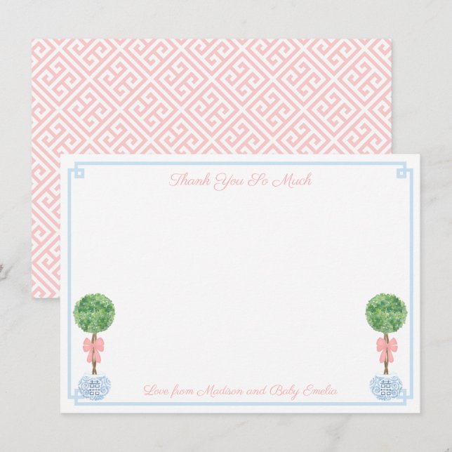Elegant Pink And Blue Boxwood Baby Shower Picture Thank You Card (Front/Back)