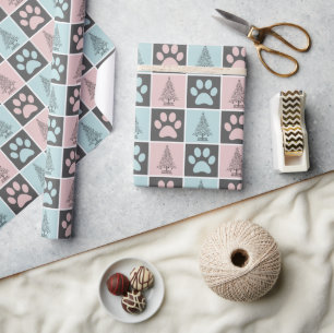 Elegant Pink and Blue Christmas Paw print Pattern  Wrapping Paper