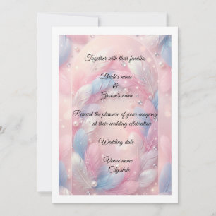 Elegant Pink and Blue Feathers with Pearls wedding Invitation