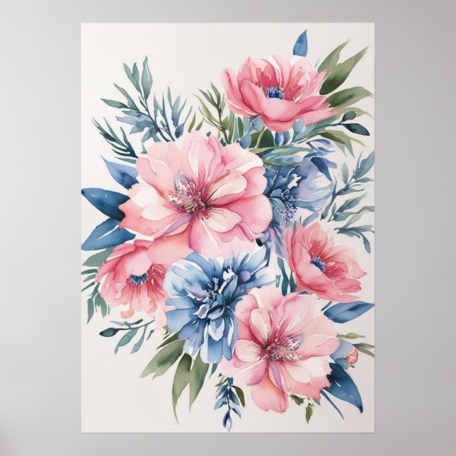 Elegant Pink and Blue Floral Art Poster (Front)