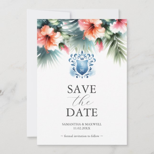 Elegant Pink and Blue Floral Save The Date Cards (Front)