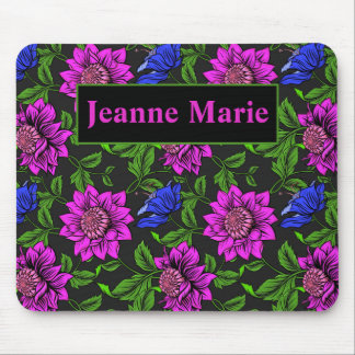 Elegant Pink And Blue Flower Black Background Mouse Pad