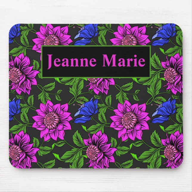 Elegant Pink And Blue Flower Black Background Mouse Pad (Front)