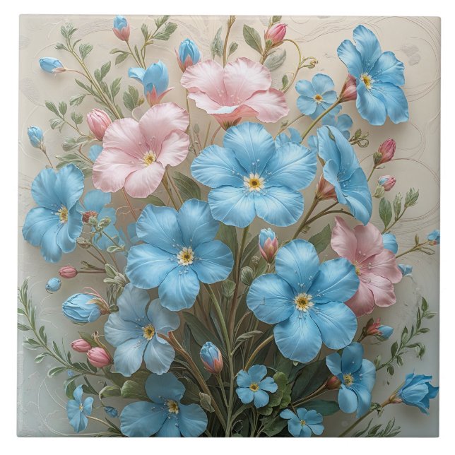 Elegant Pink and Blue Flowers  Ceramic Tile (Front)
