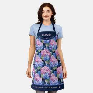 Elegant pink and blue hydrangea pattern apron