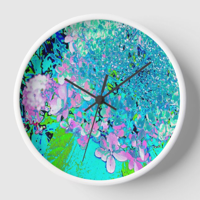 Elegant Pink and Blue Limelight Hydrangea Clock (Front)