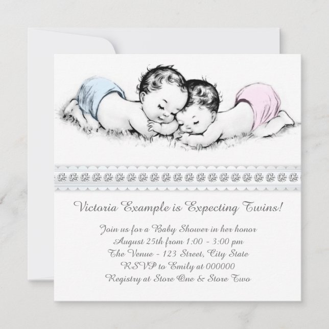 Elegant Pink and Blue Twin Baby Shower Invitation (Front)
