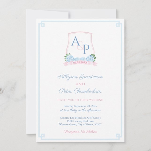 Elegant Pink And Blue Watercolor Crest Wedding Invitation (Front)