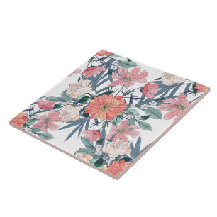 Elegant Pink and Blue Watercolor Floral Design Ceramic Tile