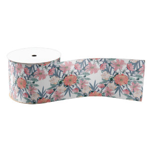 Elegant Pink and Blue Watercolor Floral Design Grosgrain Ribbon
