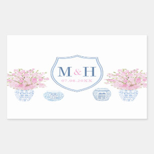 Elegant Pink And Blue Wedding Monogram Logo Favour Rectangular Sticker