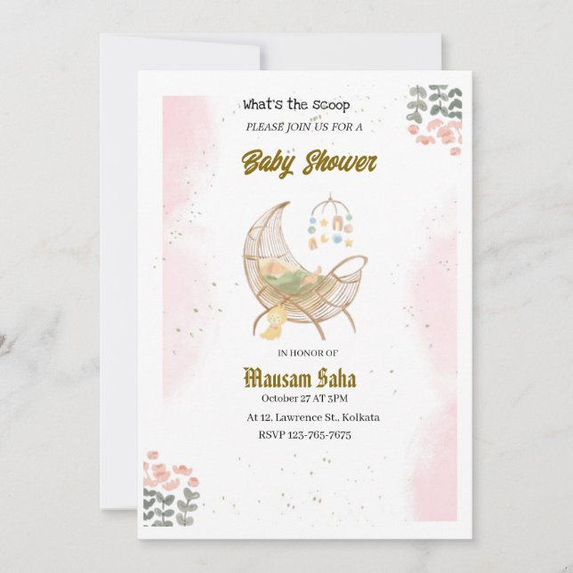 Elegant Pink and Brown Baby Shower Invitation Card (Front)