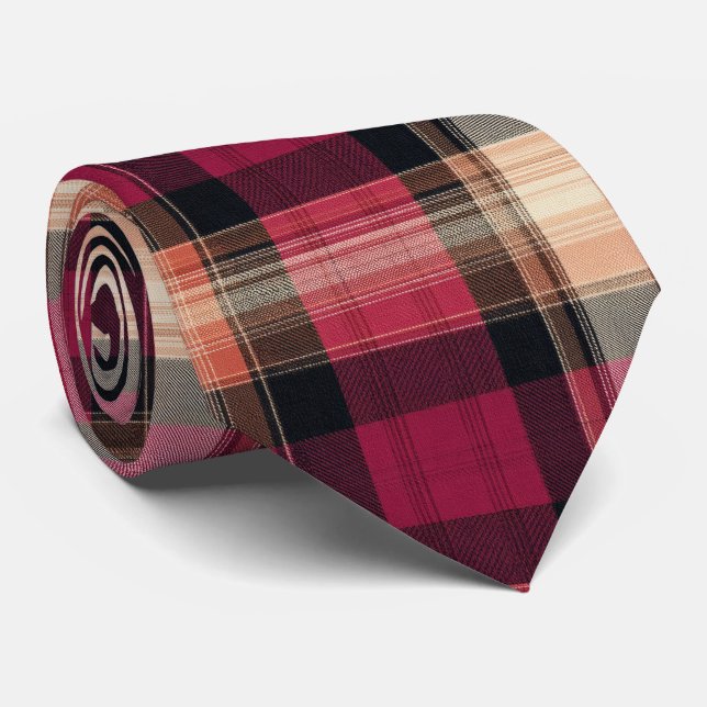 Elegant Pink and Brown Plaid Gingham Pattern Tie (Rolled)