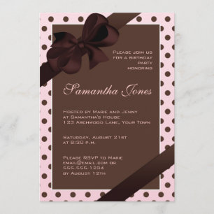 Elegant Pink and Brown Polka Dot Birthday Party Invitation