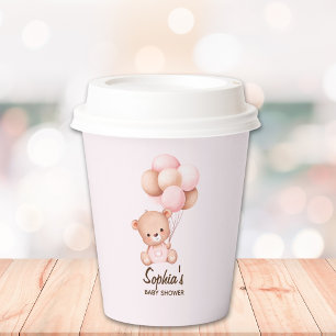 Elegant Pink and Brown Teddy Bear Baby Shower Paper Cups