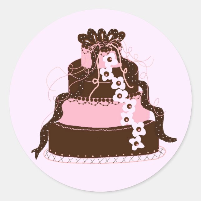 Elegant Pink and Chocolate Cake Classic Round Sticker (Front)