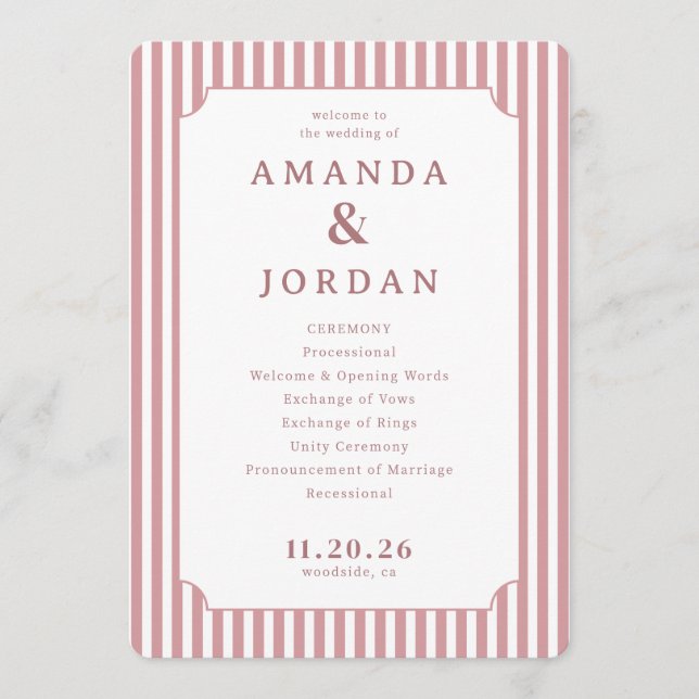 Elegant Pink and Cream Wedding Ceremony Program (Front)
