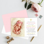 Elegant Pink and Gold Baby Girl Photo Baptism Invitation<br><div class="desc">This elegant baby girl baptism invitation design features a 3.5 x 5" baby photo with stylish pink,  gold,  and grey text that can be fully personalised for your event,  accented by a gold cross. A light pink background with white Swiss dots pattern dresses up the back of the card.</div>