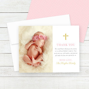 Elegant Pink and Gold Baby Girl Photo Baptism Thank You Card