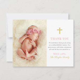 Elegant Pink and Gold Baby Girl Photo Baptism Thank You Card