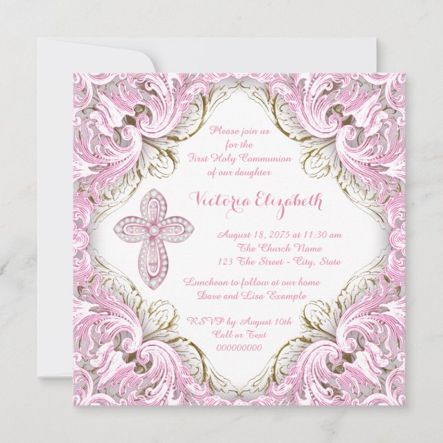 Elegant Pink and Gold Cross First Communion Invitation (Front)