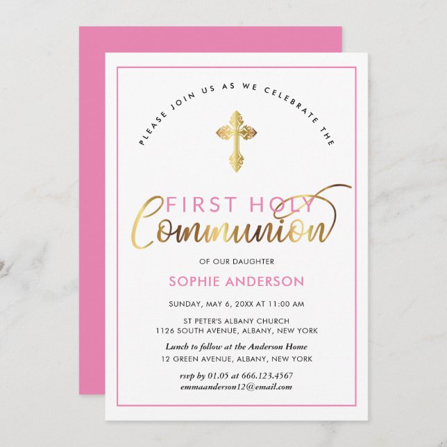 Elegant Pink And Gold First Holy Communion Invitation (Front/Back)