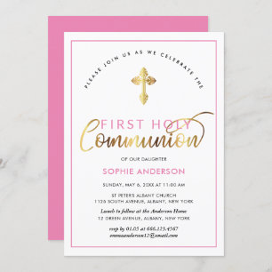 Elegant Pink And Gold First Holy Communion Invitation