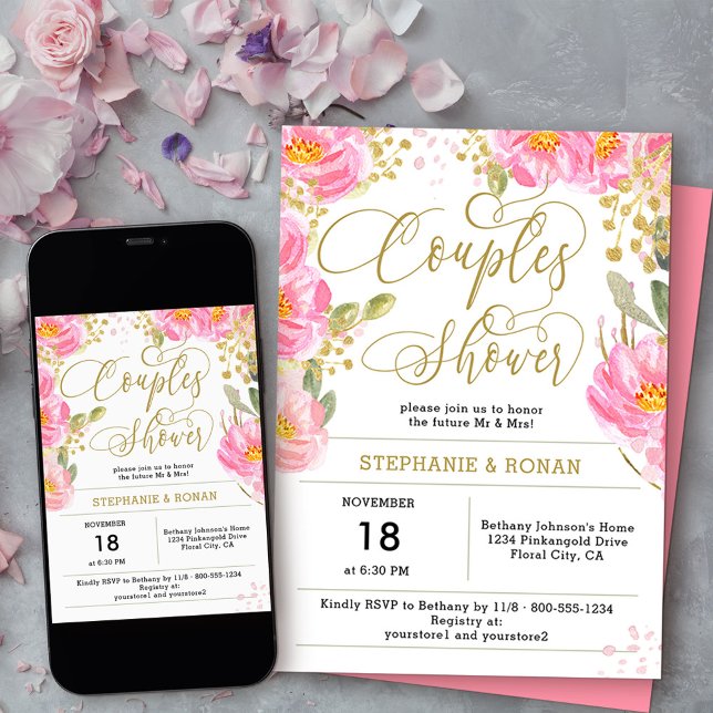Elegant Pink and Gold Floral Couples Shower Invitation (Couples Shower invitation from my Pink and Gold Watercolor Floral Collection
)