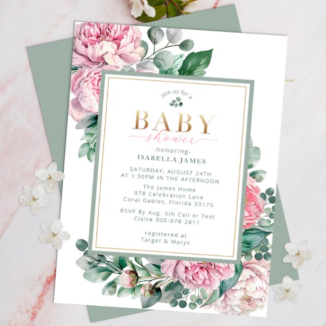 Elegant Pink and Gold Floral Girl Baby Shower Invi Invitation (Floral Pink Baby Shower & Greenery Invite )