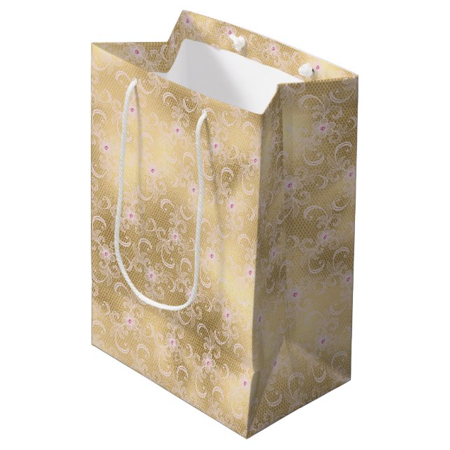 Elegant Pink and Gold Floral Lace Medium Gift Bag (Front Angled)