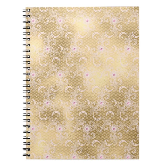 Elegant Pink and Gold Floral Lace Notebook (Front)