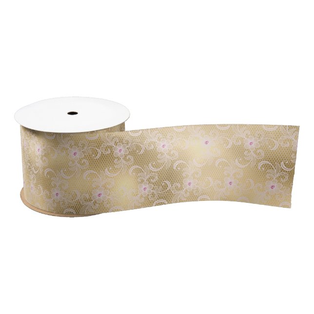 Elegant Pink and Gold Floral Lace Satin Ribbon (Spool)
