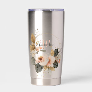 Elegant Pink and Gold Floral Wreath, Custom Name Insulated Tumbler