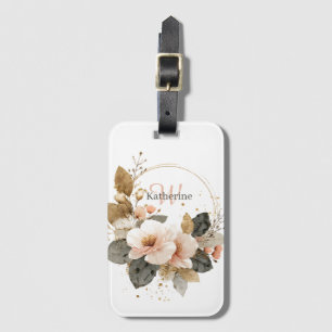 Elegant Pink and Gold Floral Wreath, Custom Name Luggage Tag