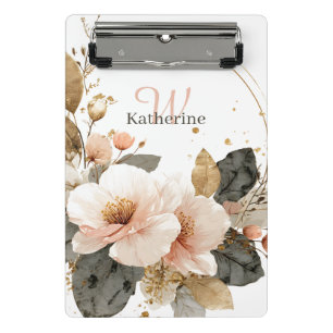 Elegant Pink and Gold Floral Wreath, Custom Name Mini Clipboard