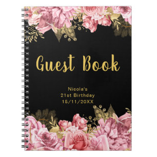 Elegant Pink and Gold Flowers Birthday Guest Book
