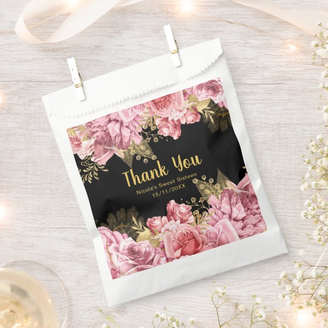 Elegant Pink and Gold Flowers Birthday Party Favour Bag (Clipped)