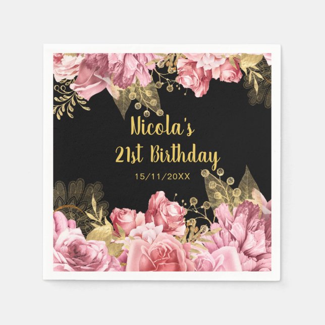 Elegant Pink and Gold Flowers Birthday Party Napkin (Front)